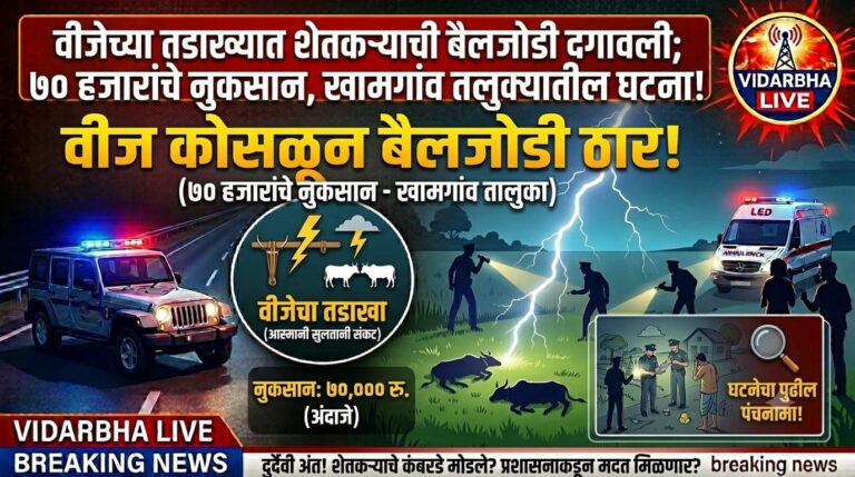 वीजेच्या तडाख्यात शेतकऱ्याची बैलजोडी दगावली; ७० हजारांचे नुकसान, खामगांव तालुक्यातील घटना!